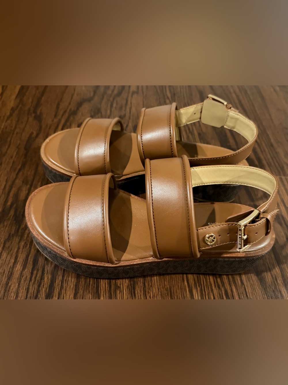 Michael Kors Brown Leather Platform Sandals with MK-Print Sole - Picture 2 of 8